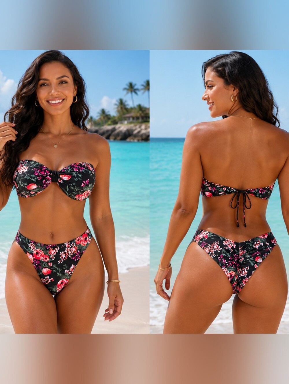 🌺 Mossimo Large Floral Bikini Ruched Bottoms Padded Triangle Top